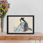 This stunning vintage art print of a reading lady from Momoyogusa Flowers of a Hundred Generations,Placed on a table