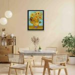 Our vintage Van Gogh "Sunflowers" canvas print,hung on a yellow background wall