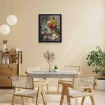 This vintage art print of a stunning flower bouquet in a vase,displayed on a yellow wall with black frame