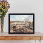 Vibrant energy of a bustling fish market with Camille Pissarro's iconic art print,displayed on a table