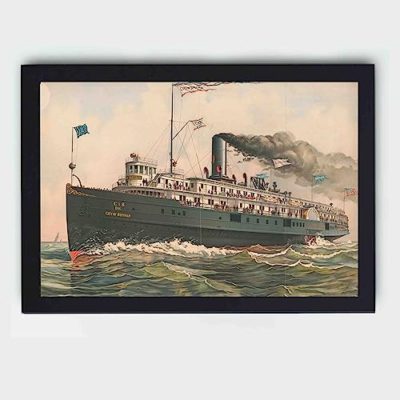 Set sail on a journey through time with this vintage City of Buffalo steamship art print,mounted on the wall