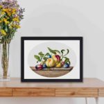 Luscious peaches and plums on marble. Vintage art print by Ehret,displayed on a table