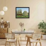 vintage art print of Henri Rousseau's "Meadowland (The Pasture)" (1910),hung on a yellow background wall