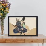 Experience the power of the samurai with this captivating vintage art print by Kamisaka Sekka,displayed on a table with black frame