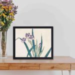 the vibrant beauty of Irises in this vintage art print by Kono Bairei,placed on the table