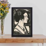 Vintage art print featuring a Portrait of an Unknown Woman by Richard Roland Holst,kept on a table with black frame