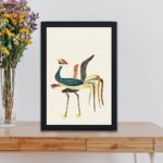 Japan with this vintage woodblock print of a crane,displayed on a table with black frame