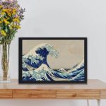 The ocean in this vintage art print by Katsushika Hokusai. "Kanazawa Oki Nami Ura",displayed on the wall