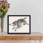 this stunning vintage art print of a wild boar by Kono Bairei,displayed on the table