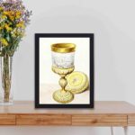 Featuring a stunning golden cup,displayed on a table with black frame