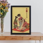 This stunning vintage art print of "Inu no Koku" by Utamaro Kitagawa,kept on the table