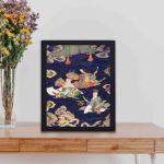 Experience the beauty of Japanese craftsmanship with this vintage embroidered Fukusa art print,kept on a table