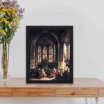 Vintage art print of Prosper Lafaye's "The Chapel of the Virgin.", kept on a table