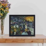 Vibrant energy of Van Gogh's "Les Arènes" with this vintage art print,displayed on a table