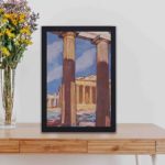 Experience the grandeur of the Acropolis with this vintage art print,displayed on a table