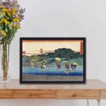 Vintage Fujieda Art Print by Hiroshige. Immerse in Japanese beauty with travelers crossing a stream, displayed on a table