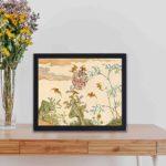 This captivating vintage art print featuring bats, rocks, and flowers,displayed on a table