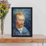 Bring Van Gogh's iconic "Self-Portrait" (1887) home with this vintage art print, displayed on a table