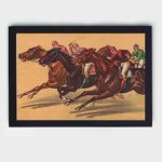 Feel the adrenaline rush with this vintage horse race art print,mounted on the wall