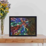 The powerful symbolism of Franz Marc's "Animal Fates" with our vintage art print,displayed on a table with black frame