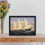 This vintage Clipper Ship Three Brothers print by Currier & Ives,displayed on a table with black frame