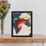 Enhance your decor with this stunning vintage art print showcasing a rooster pattern on kimono fabric,displayed on a table