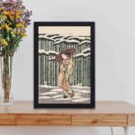 Discover the tranquility of a Japanese bamboo grove with this Suzuki Harunobu art print,kept on a table