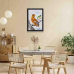 This vintage bird print by Aert Schouman,displayed on a yellow wall with black frame