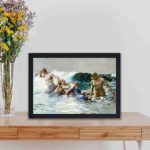 Experience the raw power of nature with Winslow Homer's iconic Undertow,kept on a table with black frame