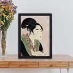 Enhance your decor with this stunning vintage art print of a woman reading a scroll by Utamaro Kitagawa,hung on thet able l with black