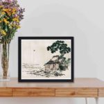 Escape to a peaceful countryside scene with this vintage art print of a Cottage by Kono Bairei,placed on the table