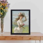 eaturing a woman in white dress holding flowers and tennis racket,kept on a table