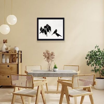 This vintage print showcases the enchanting beauty of Japanese crows.mounted on the wall with black frame