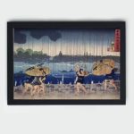 drama of everyday life with this Utagawa Kuniyoshi rain scene art print,mounted on the wall