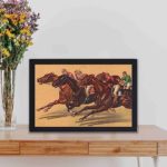 Feel the adrenaline rush with this vintage horse race art print,kept on a table