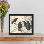 Experience the intrigue of crows with this vintage art print,kept on a table