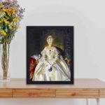 Our "Mrs. T. in Cream Silk" vintage art print,displayed on a table with black frame