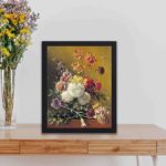 Vibrant floral still life by van Os. Vintage art print,displayed on a table