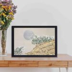 stunning vintage art print of a traditional Japanese house from Momoyogusa Flowers of a Hundred Generations,displayed on a table