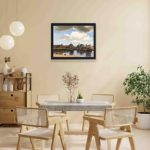 Our framed Vermeer "View of Delft" reproduction,hung on a yellow background wall