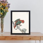 Experience the beauty of nature with this Numata Kashu macaw art print,Placed on a table