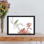 Discover the beauty of a Japanese Yellow Bunting and Chinese Amaranth in this vintage art print by Numata Kashu,placed on the wall