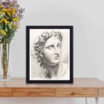 Captivating vintage art print featuring a detailed study of a man's head by Johannes Tavenraa,displayed on a table