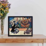 Japanese history with this stunning Ukiyo-e diptych,the dynamic world of samurai warriors in this vintage art print by Utagawa Kuniyoshi, kept on a table