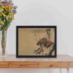 Experience the beauty of Japanese art with this "Ume ni kabuto" vintage print,displayed on a table