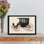 Vintage black carriage art print. Rare 1885 coach illustration,kept on a table with black frame