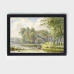 Serene vintage landscape art print. Figures in a rowing boat by van os,mounted on the wall