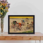 Feel the adrenaline rush with this vintage bicycle race art print,displayed on a table