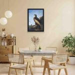 Vintage art print of a Washington Sea Eagle,hung on a yellow background wall with black frame