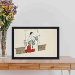 Unveil the mystery with this Kamisaka Sekka masked man art print,displayed on a table